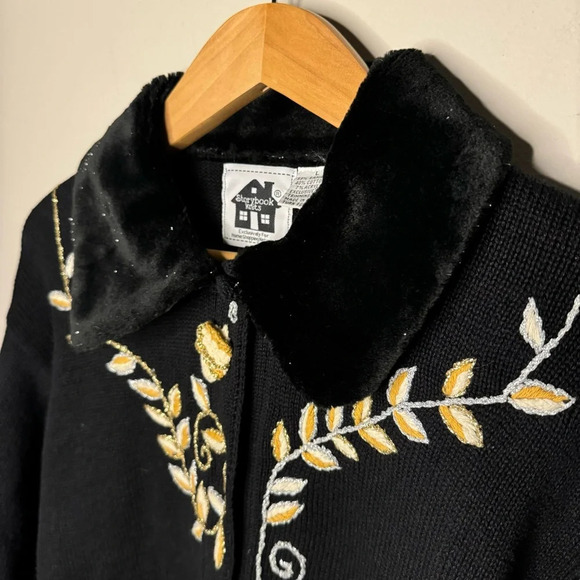 Storybook Knits Acorn Fruits Theme Cardigan Sweater Cotton Ramie Button L Black - Picture 6 of 7